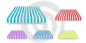 Tent sunshade for window, colored striped roof isolated. Realistic shop awning tents set photo