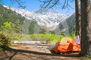 The tent with a view of japan alps mountain, Japan