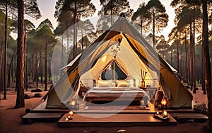 tent in the woods of Pine forest retreat as the sun sets, a cozy luxuries camping tent photo