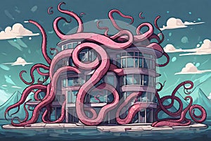 Tentacle Art House: A Surreal and Scary 3D Rendered Illustration of an Octopus-Infested Abode photo