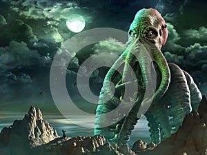 Tentacled horror scene 3D illustration