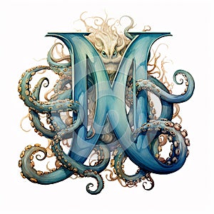 A tentacled underwater creature with it\'s tentacles wrapped around the letter M.