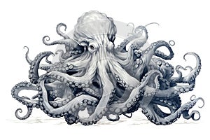 Tentacles of an octopus. Engraving technique isolated on white background