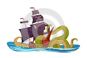 Tentacles of octopus sink pirate ship in ocean or sea waves, fantasy shipwreck scene