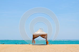 Tents with blue sea level and skyline