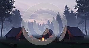 Tents campfire forest dusk camping