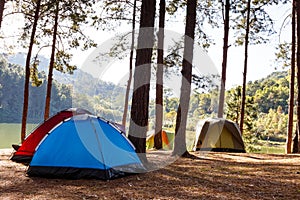 Tents in camping site near lake