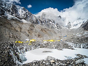 Tents at Everest base camp. Prayer flags