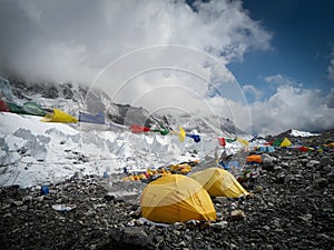 Tents at Everest base camp. Prayer flags