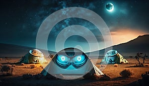 Tents with glowing extraterrestrial faces, alien camping on planet Earth. Generative AI