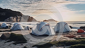 Tents pitched on secluded beachfronts for coastal camping.AI Generated