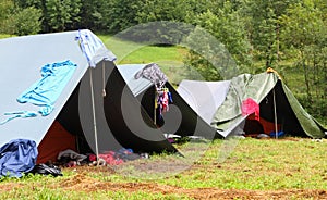 Tents in a scout camp and drying laundry out to dry