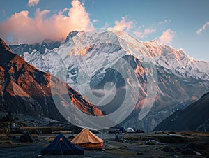 Tents are set up in front of a mountain