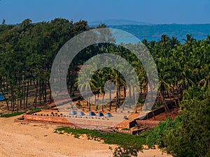 Tents surrounded by coconut trees for trekkers for camping near sea shore in Malvan