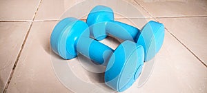 A teo dumbel on the white floor