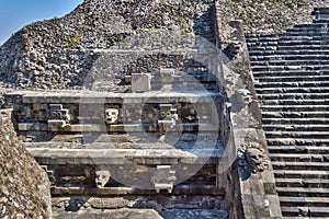 Part of the Pyramid of the Feathered Serpent in Teotihuacan. Quetzalcoatl, deity of Mesoamerican culture. Front view photo