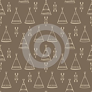 Tepee seamless pattern. Wigwam native american summer tent vector illustration. Indian background. Tribal design. Modern