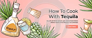 Tequila advertising horizontal internet banner landing page template engraved vector illustration