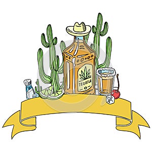 Tequila background banner vector illustration. Glass with sugar and bottle of tequila, salt and slices of lime with