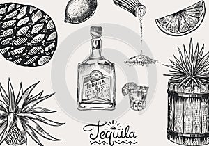 Tequila background. Glass bottle, shot with lime, blue agave Plant and barrel. Retro poster or banner. Engraved hand
