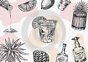 Tequila background. Glass bottle, shot with lime, blue agave Plant and barrel. Retro poster or banner. Engraved hand