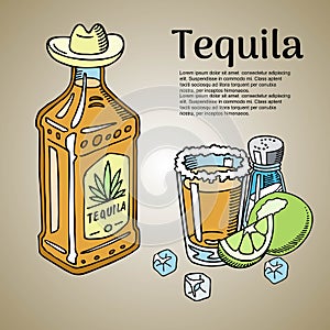 Tequila bar banner, poster vector illustration. Glass with sugar and bottle of tequila, salt and slices of lime with ice