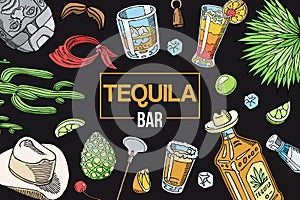 Tequila bar banner vector illustration. Glass with sugar and bottle of tequila, salt and slices of lime with cherry and
