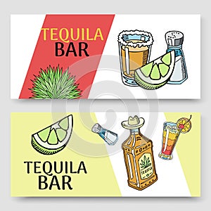 Tequila bar set of banners vector illustration. Glass with sugar and bottle of tequila, salt and slices of lime. Mexican