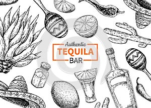 Tequila bar vector label. Mexican alcohol drink drawing. Bottle