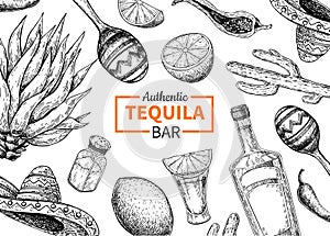 Tequila bar vector label. Mexican alcohol drink drawing. Bottle photo