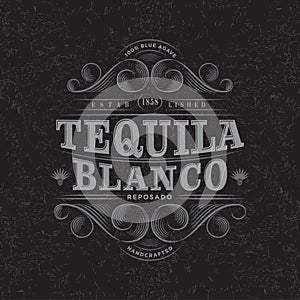 Tequila Blanco Logo. Tequila Blanco label. Premium Packaging Design. Lettering Composition and Curlicues Decorative Elements.