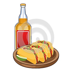 Tequila bottle and tacos mexican icons