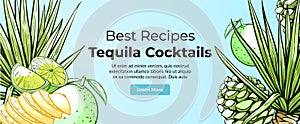 Tequila cocktail best recipes horizontal internet banner engraved vector illustration