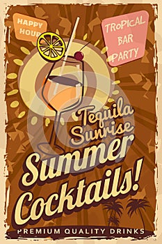 Tequila Cocktail Retro poster. Cocktail lounge vintage sign,