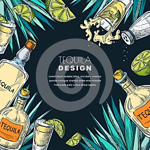 Tequila label design. Sketch vector illustration of bottles, shot glass, lime and agave. Bar menu black background