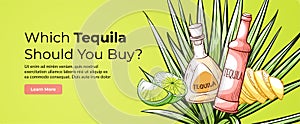 Tequila landing page engraved vector illustration. Mexican alcohol beverage choosing instruction