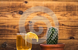 Tequila with lemon and cactus on a wooden bacground photo