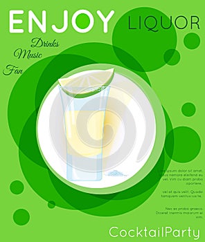 Tequila shot cocktail with slice of lime and salt on green circles