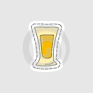 Tequila shot glass as a sticker. Cartoon sketch graphic design. Doodle style. Colored hand drawn image. Party drink concept for