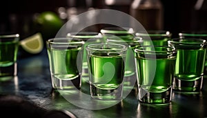 Tequila shot glass, lime, party, celebration, drinking glass, whiskey, pub, green color, alcohol, nightclub generated by