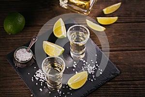 Tequila shot with lime and sea salt