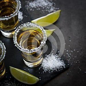 Tequila shot with lime and sea salt