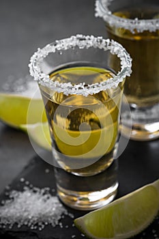 Tequila shot with lime and sea salt