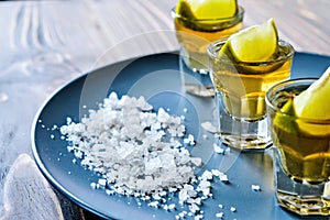 Tequila shot with lime and sea salt on grey plate