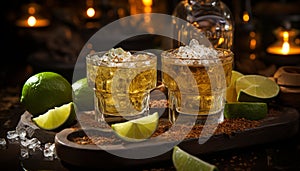 Tequila shot, lime slice, cocktail glass, celebration, party generated by AI