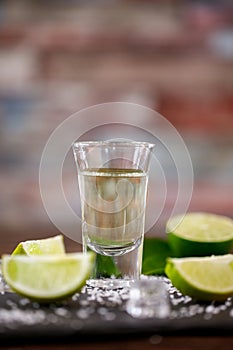 Tequila shot with salt, lime and ice background