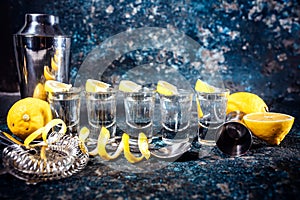 Tequila shots with lemon slices and cocktail elements. Alcoholic drinks in shot glasses served in pub or bar