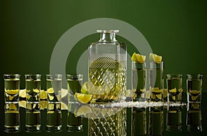 Tequila shots with lime slices and salt on a green background