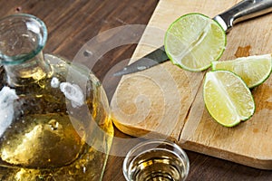 Tequila Shots With Lime Wedges Cut Up For Drinking At A Party. C