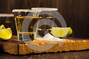 Tequila shots, salt and lime slices
